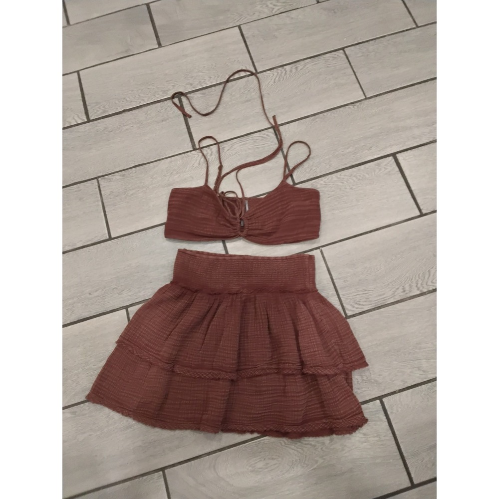 Anthropologie Brown Textured Gauze 2 Piece Set Crop Top Tiered Mini Skirt Medium - Picture 2 of 6